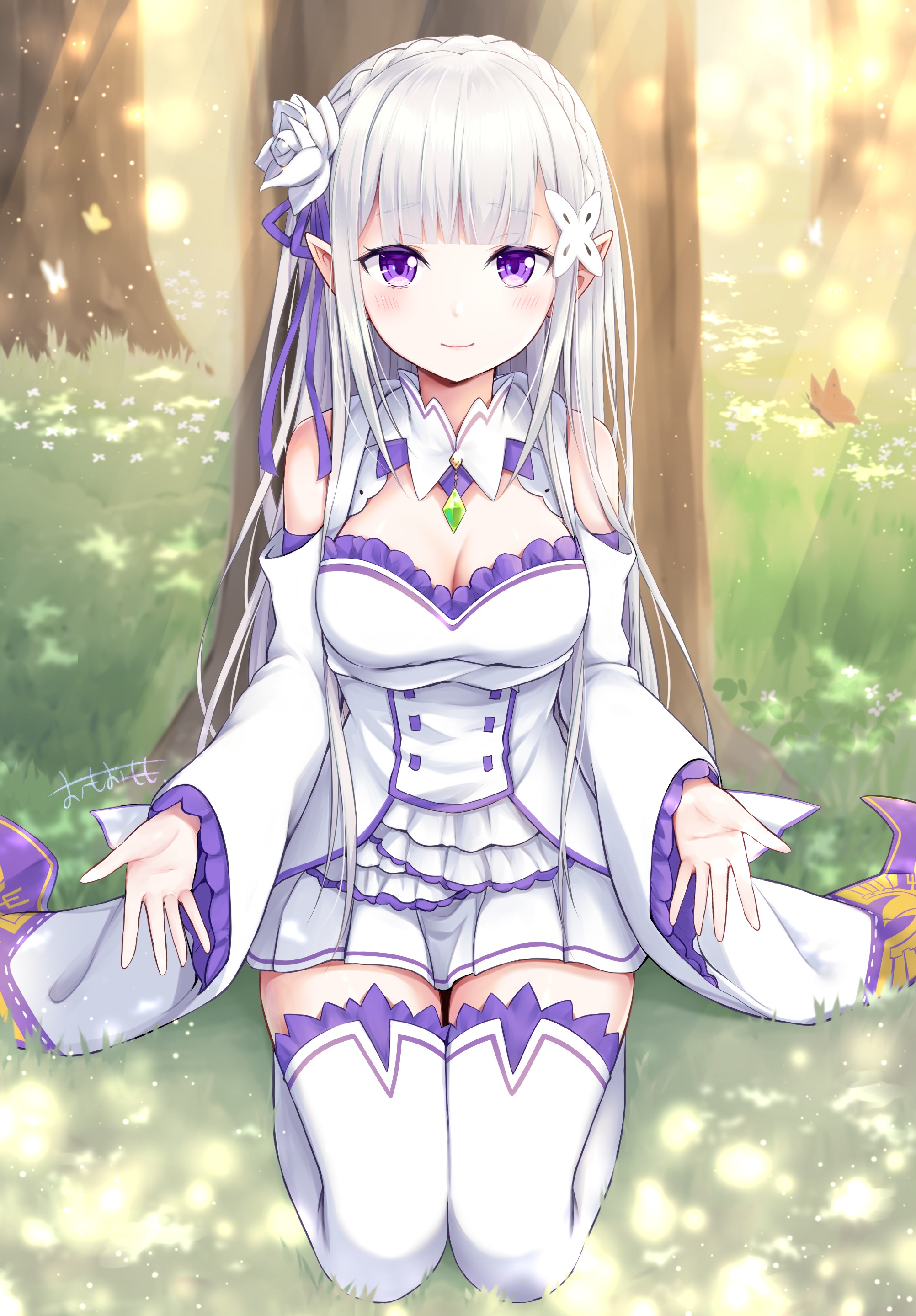 Omoomomo Re Zero Kara Hajimeru Isekai Seikatsu Emilia Re Zero Cleavage Pointy Ears Thighhighs